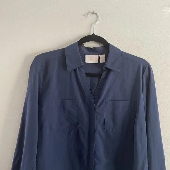 Chicos Women 0/S Blue Roll Tab Sleeves Button Front Silky Soft Relaxed Shirt - Picture 7 of 13